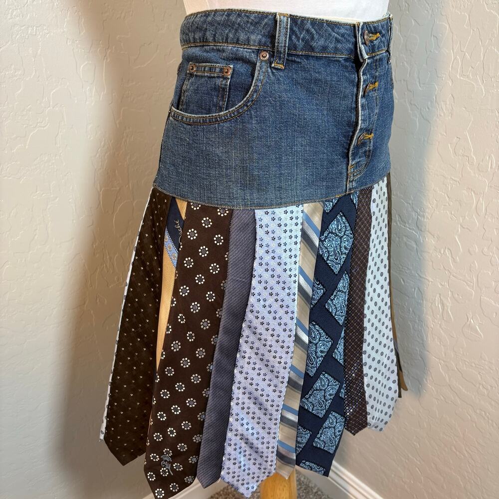 Vintage Handmade Upcycled Neck Tie Denim Jeans Skirt Boho Maximalist 12 - Picture 2 of 16